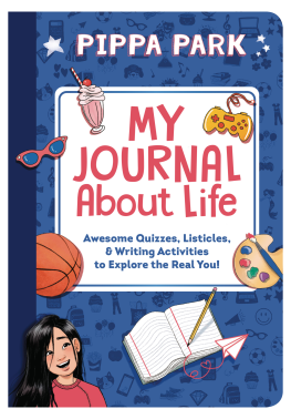 The companion book to the Pippa Park series, Pippa Park: My Journal About Life, has a cover that is a composition book with stickers that are relevant to the book series. These stickers include Pippa, a girl, in the lower left corner, a basketball, a milk